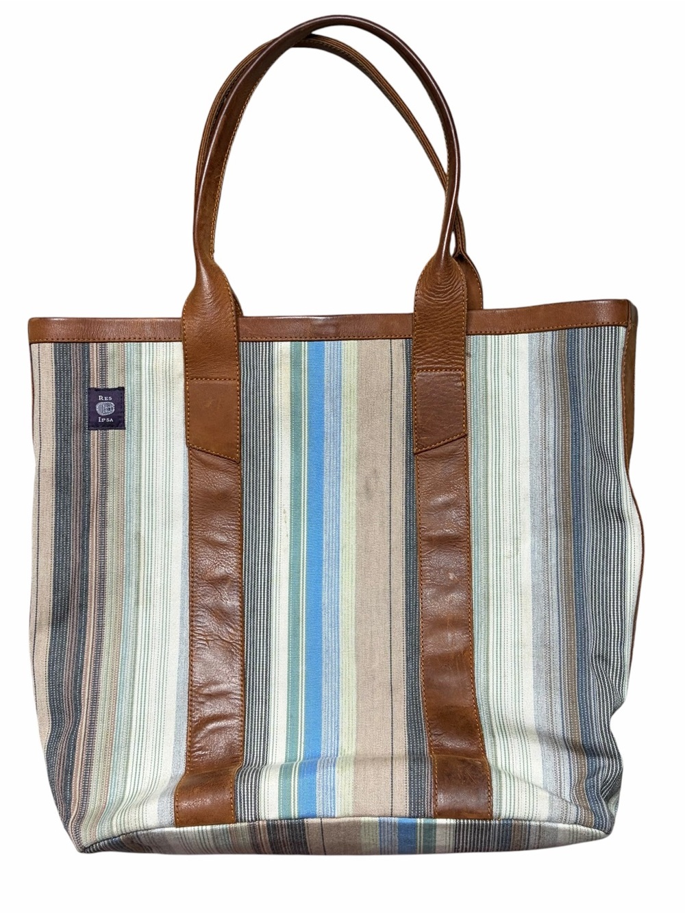 Res Ipsa Tote Bag Vertical Stripes Leather Trim Earth Tones Boho Beach Summer